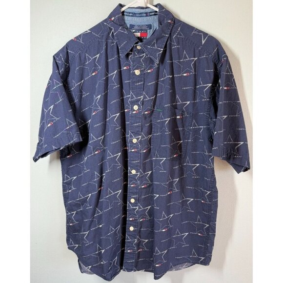 Tommy Hilfiger Mens Y2K Navy Blue Logo Casual Button Up Short Sleeve Shirt Large - Picture 1 of 9